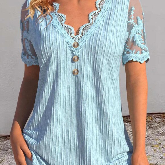 MODLILY® Dusty Blue Lace Short Sleeve T Shirt - Large - Picture 6 of 7